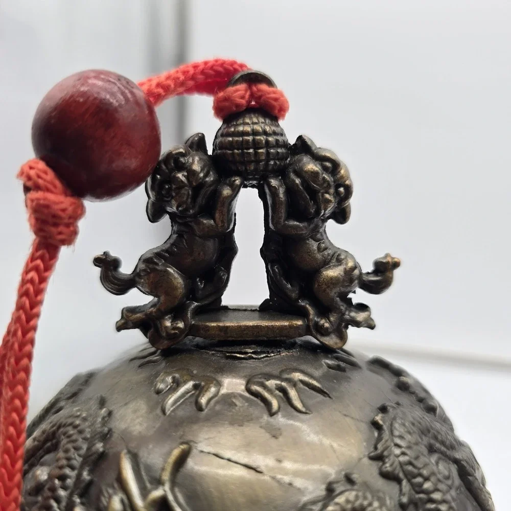 Vintage Chinese‎ Brass Bell with Dragon & Foo Dog Motif For Luck & Wealth